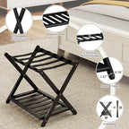 Fully Assembled Black Luggage Rack for Guest Room, Bamboo Foldable Suitcase Stand with 5 Nylon Straps, Upgraded Luggage Rack Holder with Shelf for Bedroom Hotel, Holds up to 165 Lbs, 1pcs