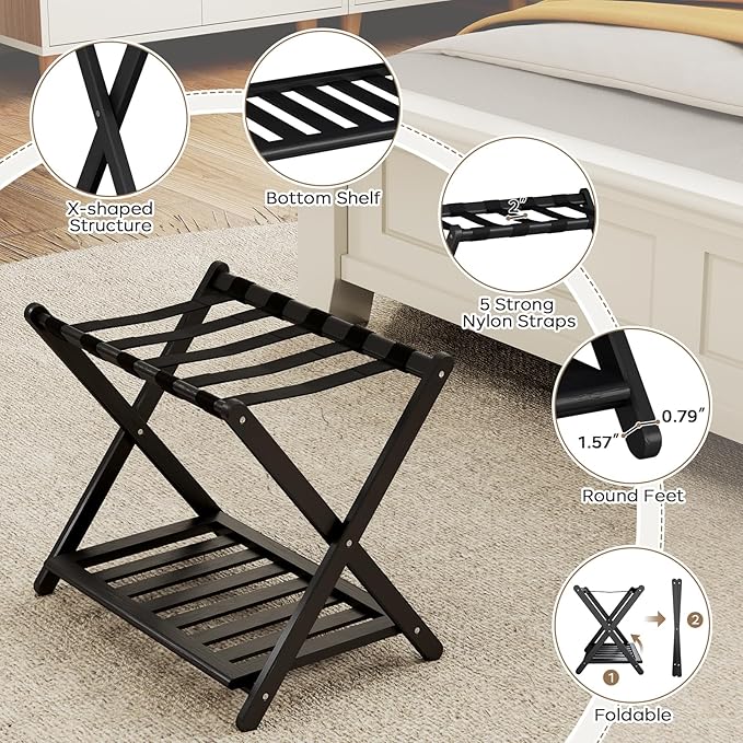 2 Pack Fully Assembled Black Luggage Racks, Bamboo 26.77" Folding Suitcase Stand for Guest Room with 5 Nylon Straps, Heavy Duty, Upgraded Luggage Rack Holder with Shelf for Bedroom Hotel