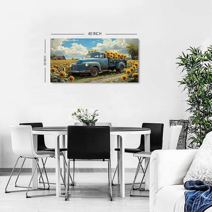 Sunflower Pictures Wall Decor Farmhouse Barn Truck Wall Art Sunflower Field Canvas Prints for Bedroom Bathroom Vintage Yellow Flowers Landscape Painting Artwork for Living Room Home Decorations 20x40"