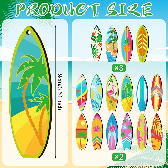 Geelin 36 Pcs Summer Wood Hanging Ornaments for Tree Mini Tree Decorations Hawaiian Beach Wooden Pendant Decorations with String for Luau Party Supplies(Surfboard)