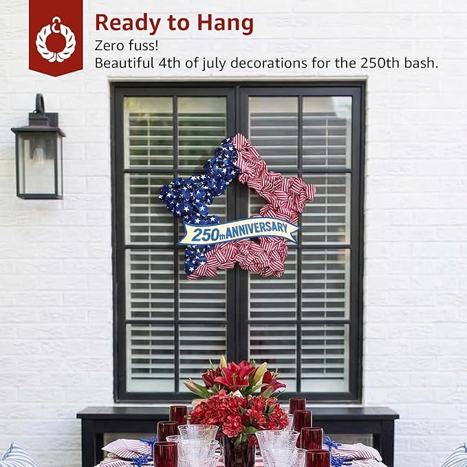 4th of July Wreath Patriotic Decorations for Front Door - 19 inch Memorial Day 250th Anniversary USA Fourth of July Burlap Star Wreath, Red White and Blue Hanging for Independence Day 2026 Decor