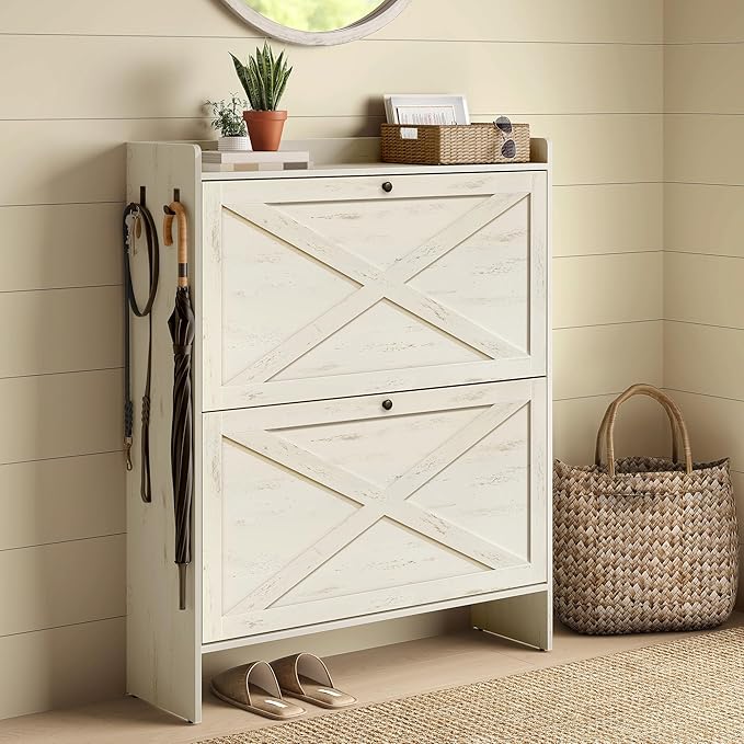 VASAGLE Shoe Storage Cabinet Organizer with 2 Flip Drawers, Freestanding Narrow Shoe Rack Cabinet for Entryway, Farmhouse Style, Fits 14 to 16 Pairs, Rustic White UHSC203WJ01S