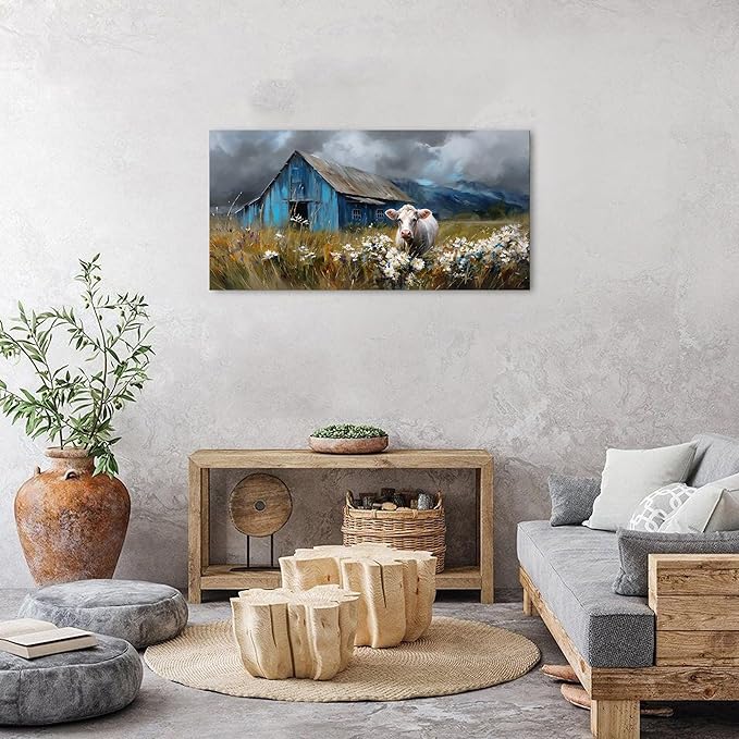 Farmhouse Barn Wall Art Cow Pictures Wall Decor Rustic Blue Barn Landscape Kitchen Wall Decor Country Wildflower Meadow Field Canvas Prints Artwork for Living Room Dining Room Home Decoration 20x40"