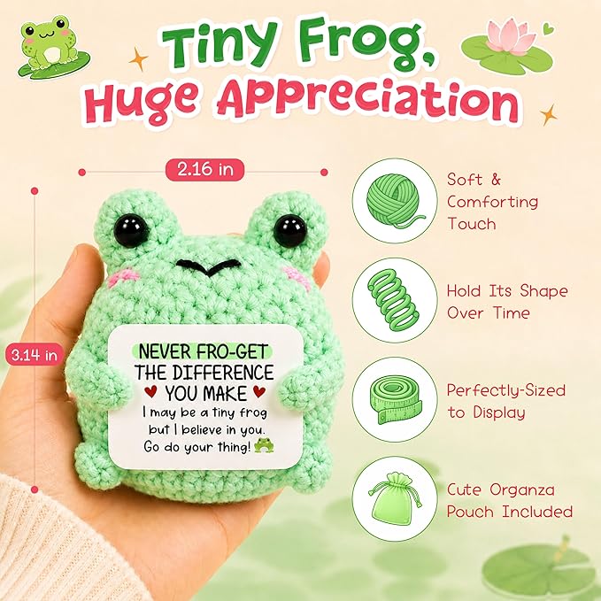 OASSIE Thank You Gifts for Women Men - Frog Positive Crochet Animals - Teacher Appreciation Gifts, Birthday Retirement Gift for Woman Teacher Nurse Coworkers Boss, Emotional Support Crochet