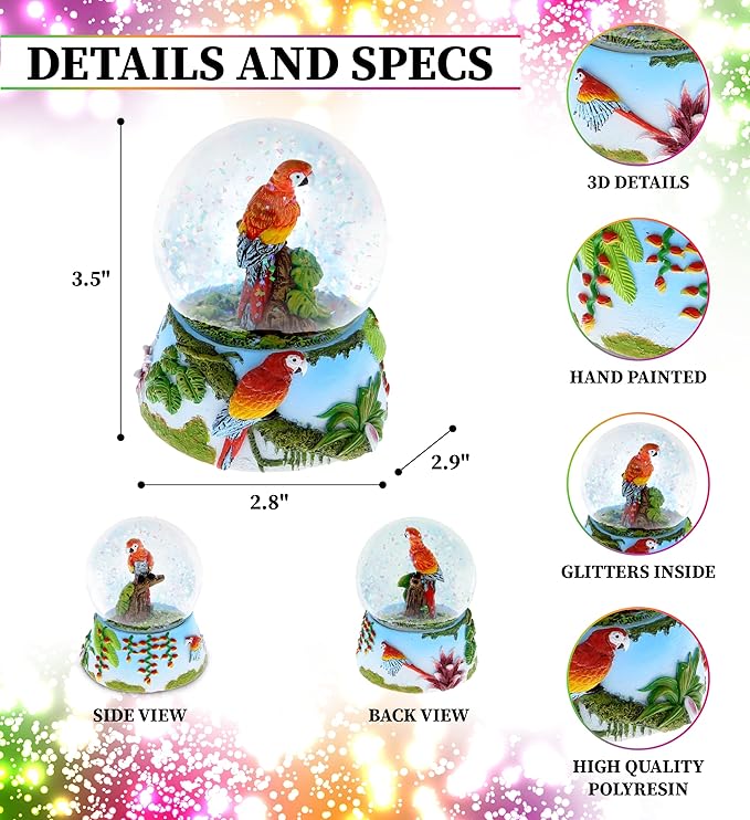 CoTa Global Parrot Snow Globe - Sparkly Water Globe Figurine with Sparkling Glitter, Collectible Novelty Ornament for Home Decor, for Birthdays, Christmas, and Valentine's Day - 65mm