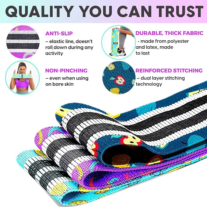 Fabric Resistance Bands for Women & Men – 4 Durable Exercise Bands for Working Out, Non-Slip & Non-Pinching Workout Bands – Multiple Resistance Levels Booty Bands for Legs Butt Glutes Hips Abs & More.