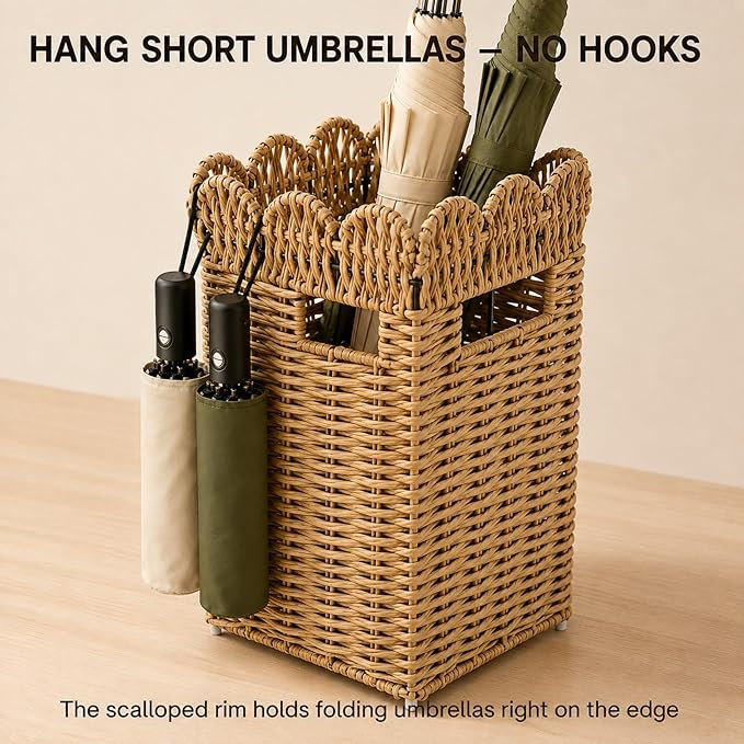 AceList Woven Umbrella Holder for Entryway, Rattan Umbrella Stand for Indoor Foyer with Removable Drip Tray, Scalloped Cane Holder Basket for Walking Sticks & Front Door, Farmhouse Decor, 16.5" Tall