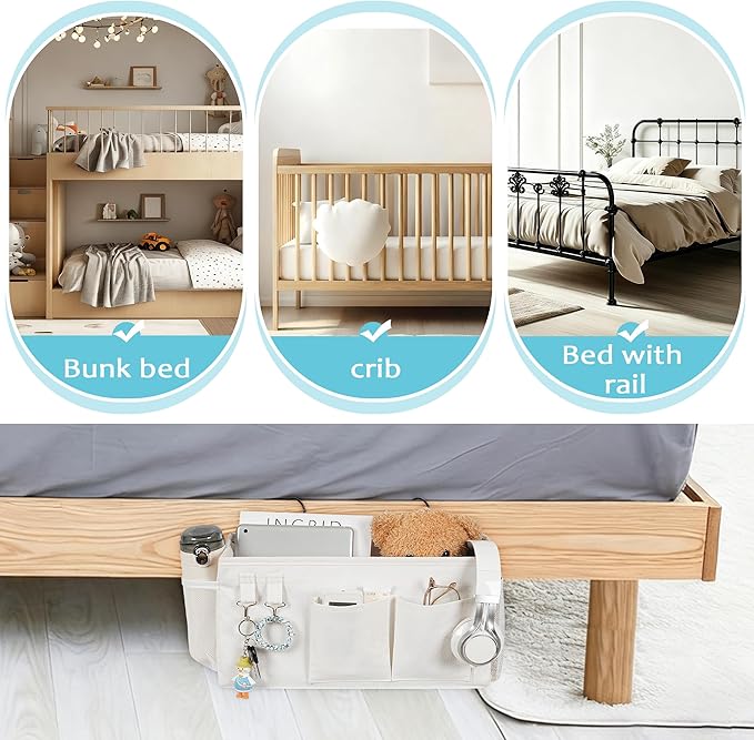Loghot Bedside Caddy/Bedside Storage Bag Hanging Organizer for Bunk and Hospital Beds,Dorm Rooms Bed Rails,Can be Placed Glasses,Books,Mobile Phones,Keys (White)