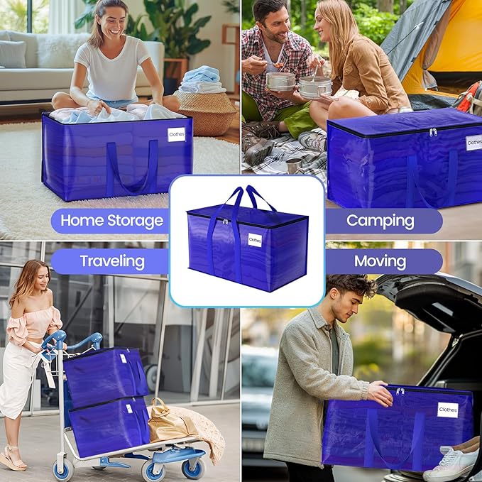 8 Pack Moving Storage Bags Heavy-Duty with Zippers and Reinforced Handles, Moving Supplies Packing Boxes for Moving, Storing, Saving Space, Blue Plastic Storage Totes 93 L(24 Gallon)