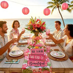 Lineshading 4 Pcs Summer Table Decor Wooden Pink Flamingo Tropical Tiered Tray Decor Pink Summer Centerpieces Rustic Wood Flamingo Block Signs for Home Kitchen Office Decorations