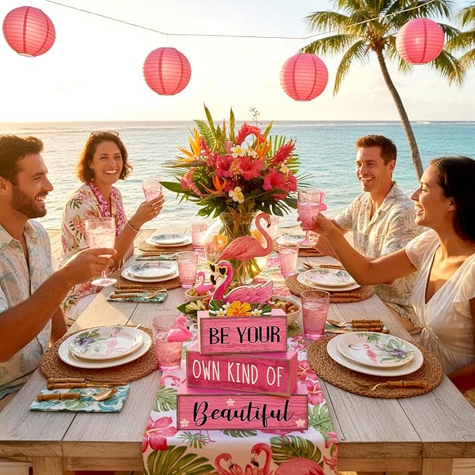 Lineshading 4 Pcs Summer Table Decor Wooden Pink Flamingo Tropical Tiered Tray Decor Pink Summer Centerpieces Rustic Wood Flamingo Block Signs for Home Kitchen Office Decorations