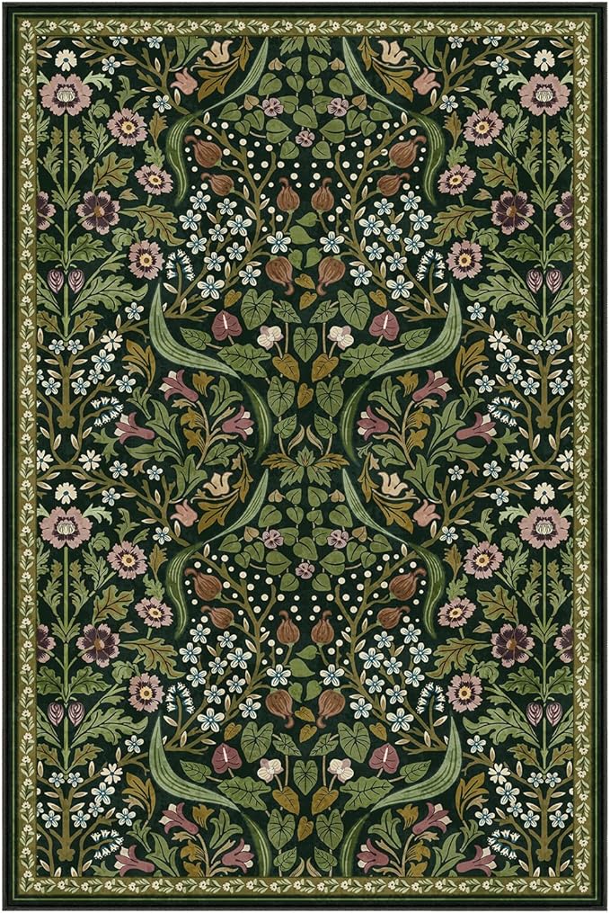 Moynesa Floral Green 4x6 Rug, Boho Washable Rugs for Living Room, Non Slip Soft Bedroom Area Rug, Botanical Ultra Thin Indoor Throw Carpet for Kitchen Entryway Bedside, Green