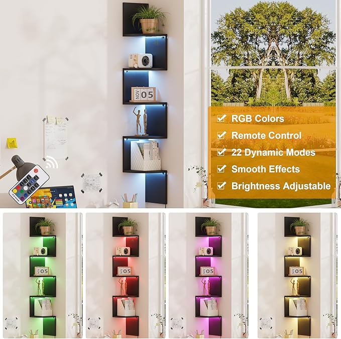 Qupui 5-Tier Tall Corner Shelf with LED Lights, 57 Inch Floating Wall Mounted Corner Shelf for Bedroom Living Room Bathroom, Black Bookshelf Display Stand with RGB Lighting