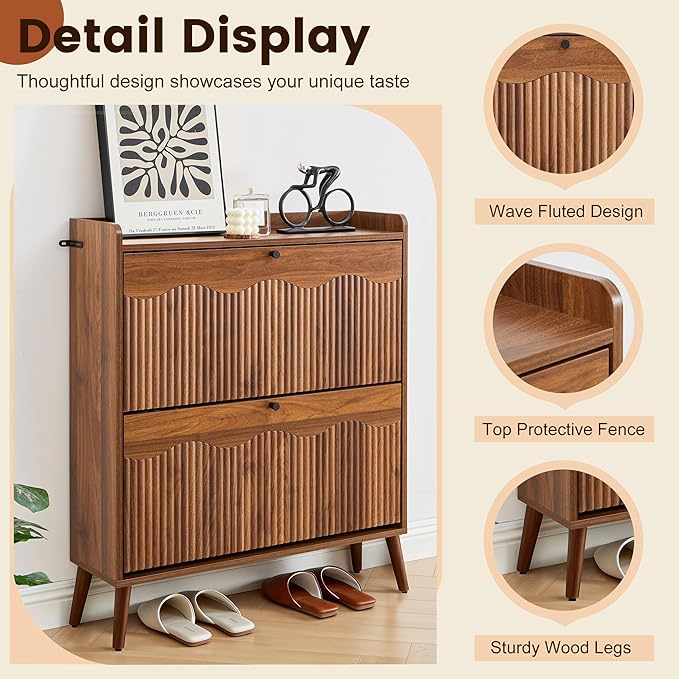 BERRYMERRY 31.5” Fluted Shoe Storage Cabinet with 2 Flip Drawers,Freestanding Narrow Shoe Organizer Cabinet with Wave Profile for Entryway,Hallway,Living Room