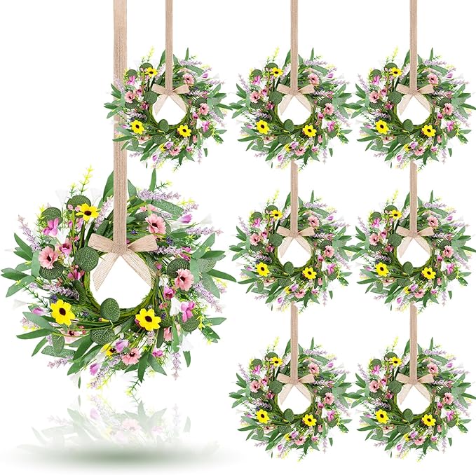 8 Pcs 9" Mini Spring Summer Flowered Wreath Floral Wedding Candle Rings Wreaths Kitchen Cabinet Wreaths with Ribbon for Pillars Wedding Table Centerpiece Farmhouse Party Home Door All Seasons Decor