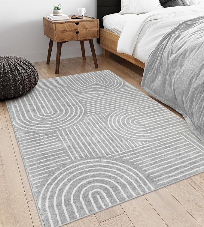 Lahome Abstract Area Rug 5x7,Soft Washable Rugs for Living Room Ultra-Thin Non Slip Gray Rugs for Bedroom, Throw Rug Carpet for Dining Room Office Playroom(5'x7',Gray)