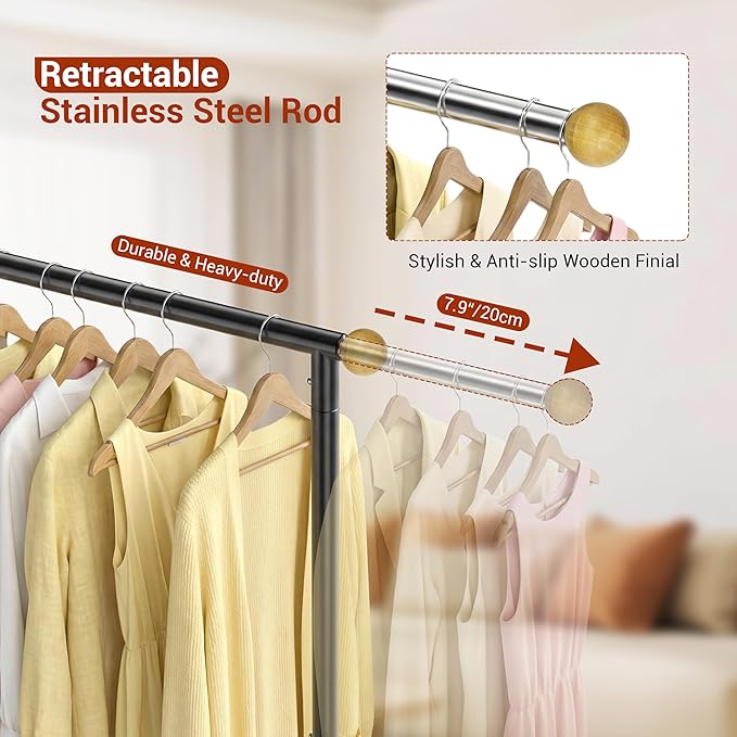 Rolling Clothing Rack with Bottom Storage Shelf & lockable Casters, Multi-tier Retractable Sturdy Garment Rack for Hanging Coats, Dresses - Ideal for Bedroom, Closet & Laundry Room ( Taller version )