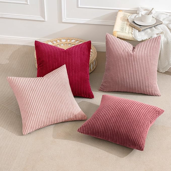 MIULEE Boho Farmhouse Throw Pillow Covers 20x20 Inch Set of 4 Romantic Decorative Cushion Covers Spring Corduroy Home Decor for Feminine Valentines Couch Bed Sofa Living Room Aesthetic Pink