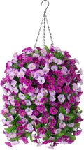 Artificial Flowers with Hanging Basket, Outdoor Faux Plants Silk Morning Glory Vines, Fake Green Arrangement for Garden Patio Spring Summer Decor(Darkorchid)