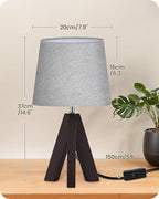 Tripod Table Lamp, 14.6" Small Bedside Lamp, Modern Nightstand Lamp with Gray Shade & Dark Walnut Base, Boho Desk Lamp for Bedroom, Kids Room, Living Room, Study, E26 Socket, VH51TL05