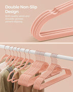 SONGMICS Velvet Hangers, Set of 100 Clothes Hanger with Rose Gold Swivel Hook, Non-Slip, and Space-Saving, 0.2-Inch Thick, 17.1-Inch Long for Coat, Shirt, Dress, Pants, Tie, Coral Pink UCRF021PK100