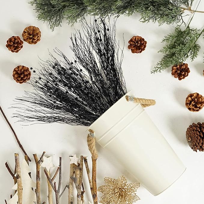 SLK 16-Pack Artificial Glitter Berry Stem Ornaments, Christmas and Halloween Decorative Glittery Twigs, Picks, Branches for Tree, Wreath, Small Vase, Halloween Party (Black)