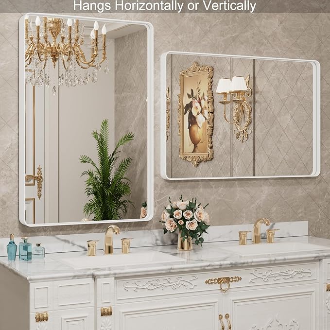 LOAAO 48x32 Inch White Metal Framed Bathroom Mirror for Wall, White Bathroom Vanity Mirror Farmhouse, Large Rounded Rectangle Mirror, Anti-Rust, Tempered Glass, Hangs Horizontally or Vertically