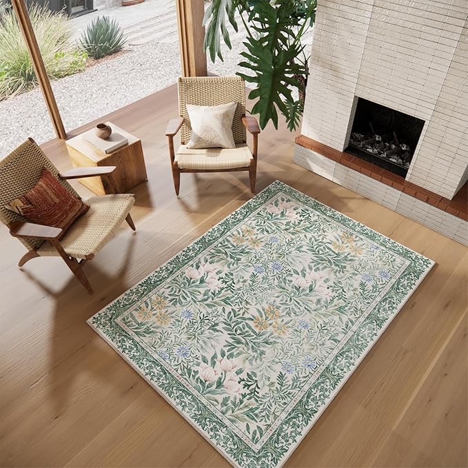 Botanical Floral Area Rug 4x6 Light Green Cream Vintage Garden Design, Perfect for Living Room, Bedroom, Kids Room, Nursery - Stain & Water Resistant Non-Slip, Pet & Child Friendly Area Rugs