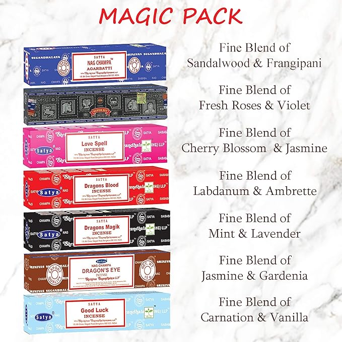 Satya Incense Sticks Gift Set, 7 Scents, Nag Champa, Super Hit, Dragon's Blood, Sandalwood, Patchouli, Lavender, Positive Vibes, 15g Each (Magic Mix)
