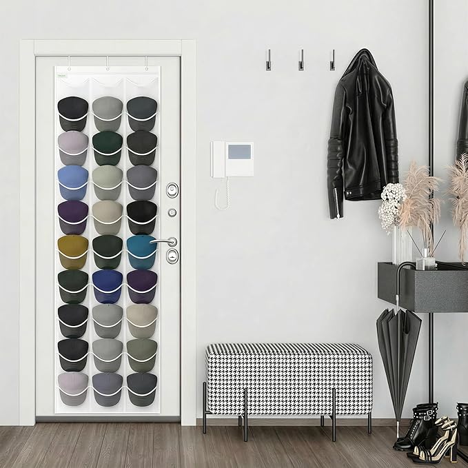 Unjumbly Baseball Hat Rack, 24 Pocket Over-The-Door Hat Organizer with Clear Deep Pockets to Display Baseball Caps Collection, Complete with 3 Over Door Hooks (White, 30 Pockets)