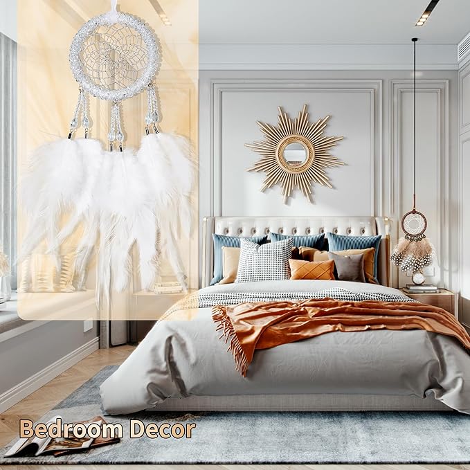 Luxury Dream Catchers - White Rooster Feather with Crystal Diamond, Lace Lanyard, Handmade Small Dreamcatcher for Bedroom, A Dream Catcher for Girls, Dream Catchers for Boys, Dream Catcher Wall Decor