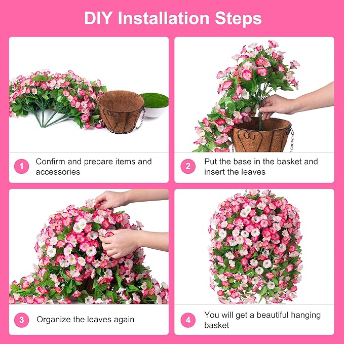 Artificial Flowers with Hanging Basket, Outdoor Faux Plants Silk Morning Glory Vines, Fake Green Arrangement for Garden Patio Spring Summer Decor (Pink)