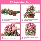 Artificial Flowers with Hanging Basket, Outdoor Faux Plants Silk Morning Glory Vines, Fake Green Arrangement for Garden Patio Spring Summer Decor (Pink)
