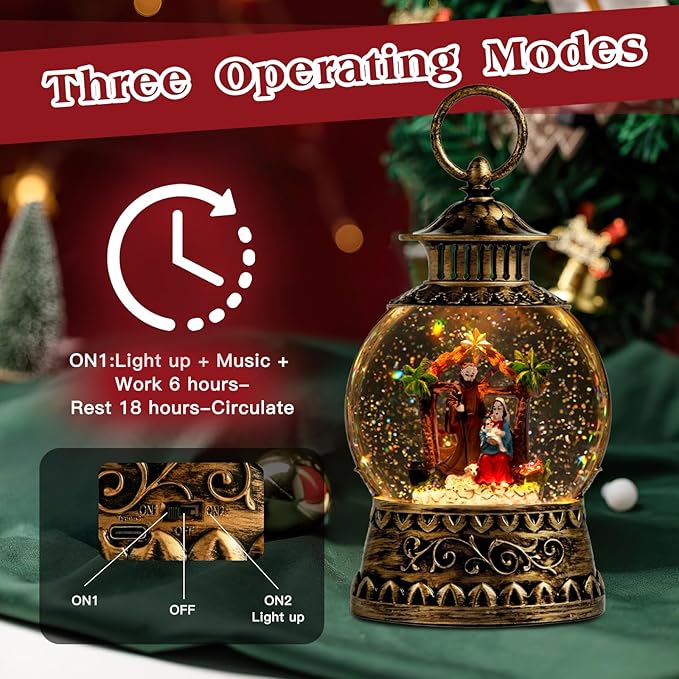 Christmas Nativity Snow Globe, Nativity Musical Snow Globe Lantern Lights with 6H Timer Battery & USB Powered, Retro Style Holiday Glitter Globe for Xmas Home Decoration Holiday Party Gifts