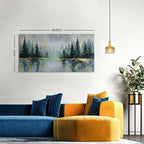Green Forest Wall Art Vintage Fog Pine Trees Landscape Wall Decor Nature Green and Gold Forest Lake Scenery Canvas Prints Pictures Farmhouse Artwork for Kitchen Living Room Home Decorations 24x48"