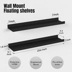 Boswillon Long Floating Shelves, 2 Set Modern Black Wall Shelf for Bedroom, Nursery Book Shelf with Lip, Picture Ledge Shelf for Living Room Bathroom Kitchen - Black,23.6 In