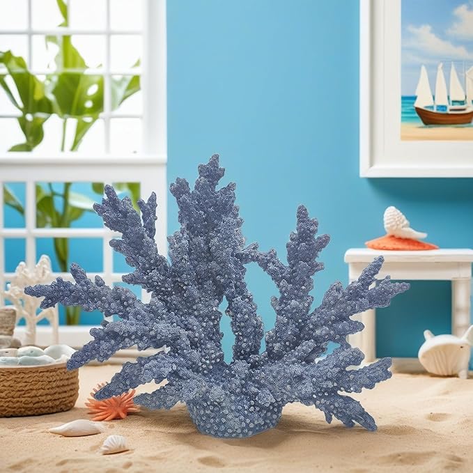 Etlemonde Beach Coastal Blue Coral Reef Decor Resin Statue - Faux Sea Coral Reef for Bathroom Shelf, Coffee Table, Nautical Beach House Home Decor Accent