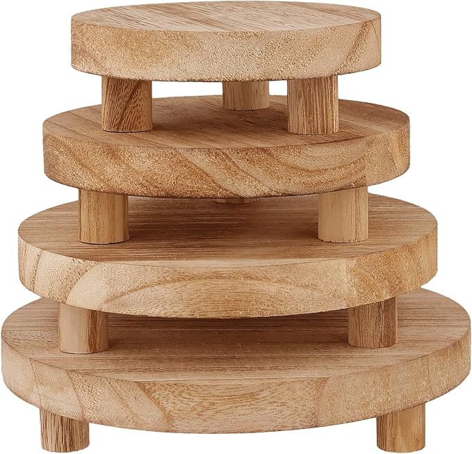 HOZEON 4 PCS Wooden Display Risers, Round Wooden Pedestal Stand for Dessert Display, Kitchen Organization, Retail Display and Home Decor(4 Sizes, Light Brown)