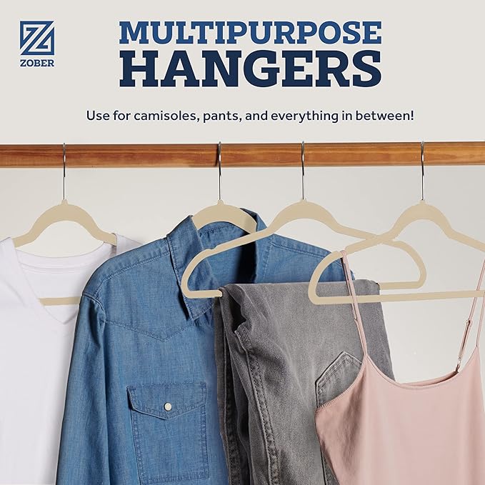 Zober Velvet Hangers 50 Pack - Ivory for Coats, Pants & Dress Clothes - Non Slip w/ 360 Degree Swivel, Holds up to 10 lbs - Strong Felt Hangers for Clothing