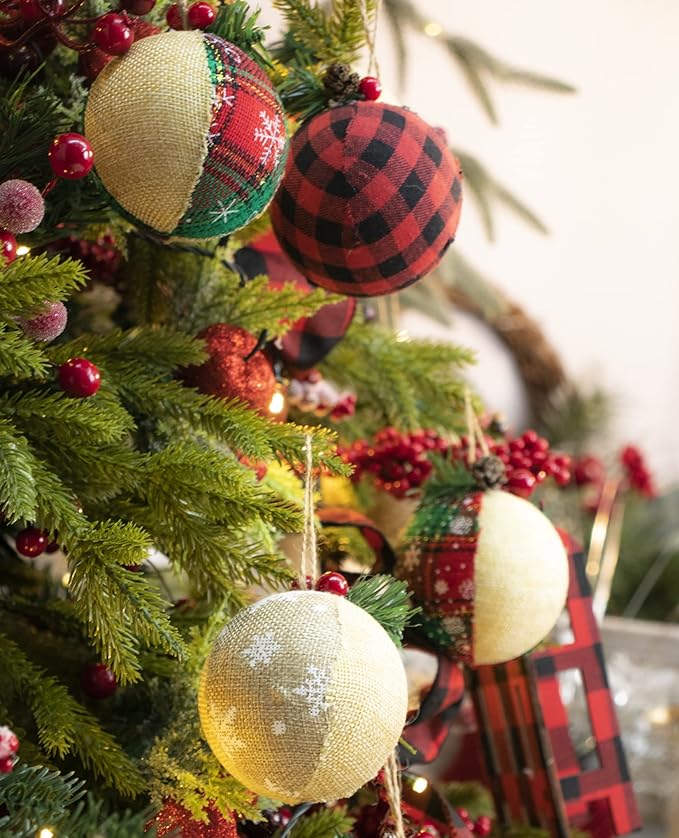 Burlap Christmas Hanging Ornaments, Farmhouse Rustic Christma Decorations, Natural Jute Ball Ornaments for Xmas Holiday Party Home Decor 12Pcs