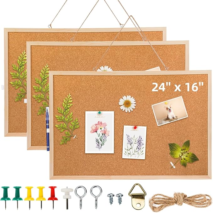 Lyellfe 3 Pack Cork Boards for Walls, 24''L x 16''W Large Bulletins Board with Frame, Push Pins, Thick Notice Board for Office School Home Decor, Two-Side Cork