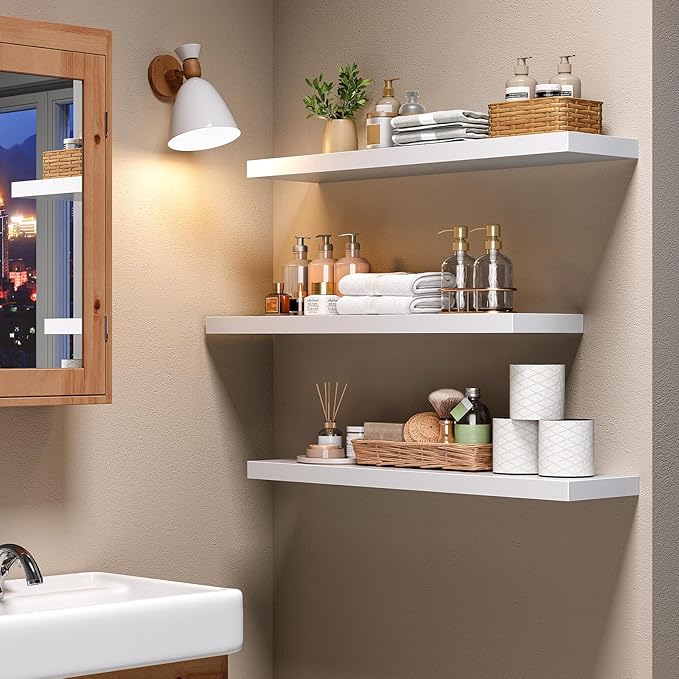 HOOBRO Floating Shelves for Wall, Wall Mounted Shelf Set of 2, 31.5" Hanging Shelf with Invisible Brackets, for Wall Decor Storage in Bathroom Bedroom Kitchen Living Room Office, White WT80BJP201