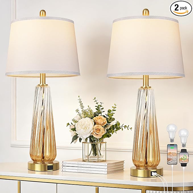 Glass Table Lamps Set of 2, Modern Bedside Lamps for Bedrooms with 3-Way Dimmable Touch Control Nightstand Lamp with White Lampshade USB A+C Ports, 27.5" Large Lamps for Living Room Decor, Champagne
