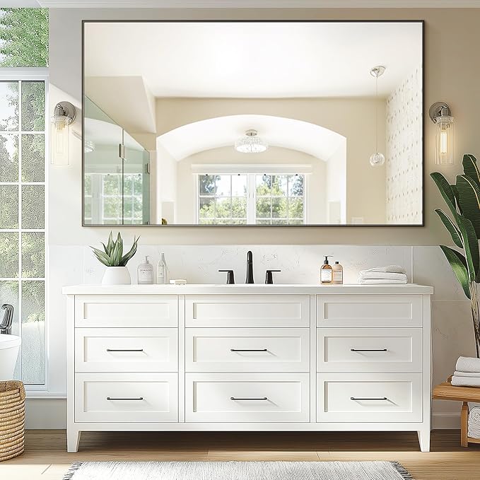 TRAHOME Bathroom Vanity Mirror for Wall, 60" x 36" Metal Framed Rectangular Bathroom Wall Mirror for Over Sink, HD Shatterproof Glass, Hangs Horizontally or Vertically(Black)