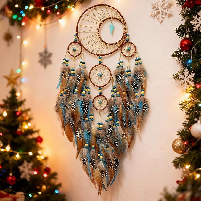 Urdeoms Large Dream Catchers for Girls Room Decor Boho Moon Dream Catcher Wall Decor Turquoise Hanging Ornament for Living Room Dorm Decor Hippie Gifts (NO.34)