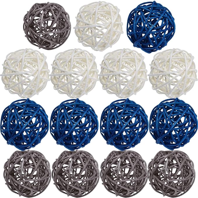 Yaomiao 15 Pieces Vase Filler Rattan Balls Decorative for Craft, Party, Wedding Table Decoration, Aromatherapy Accessories, 1.8 Inch(Blue Gray White)