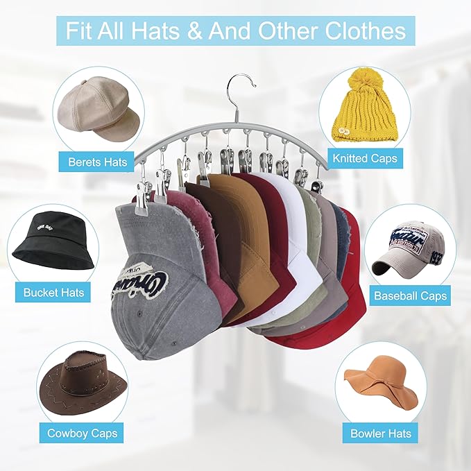 Hat Hangers for Closet, Metal 2 Pack Hat Organizer Holder for Hanger Closet Display, Hat Racks for Baseball Caps w/10 Clips, Hat Holder for Ball Caps & Accessories, for Men Women, Grey