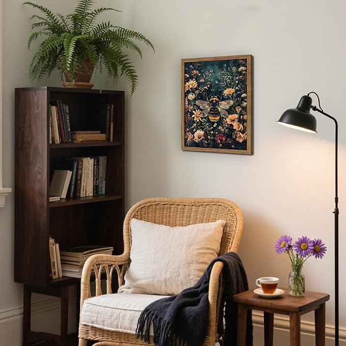 Vintage Framed Wall Art Bee Canvas Prints, Dark College Animals Flowers Wall Decor, Nature Botanical Pictures Art Home Decor for Living Room Bedroom – Dark Wooden Frame 12x16in