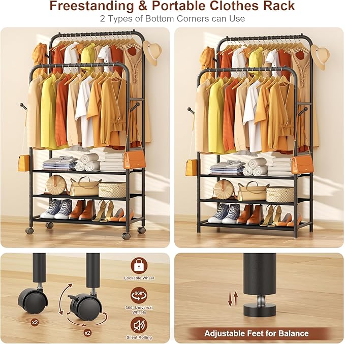 Furologee Clothes Racks for Hanging Clothes, Portable Rolling Garment Rack, Sturdy Metal Freestanding Cloths Racks with Wheels, Double Rods Wardrobe Rack for Bedroom Laundry Living Room