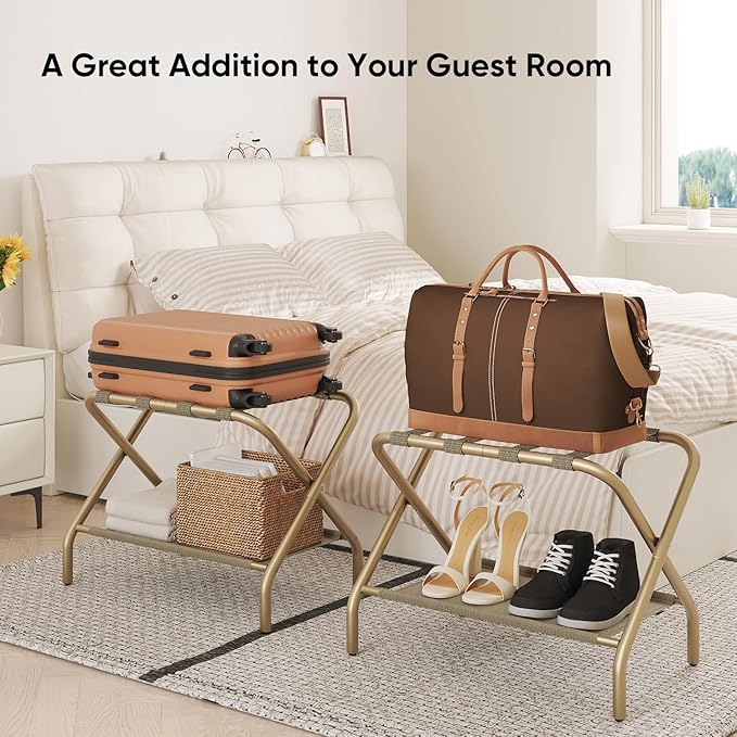 Set of 2 Luggage Rack for Guest Room, Folding Suitcase Stand with Shoe Shelf, Easy Assembly, Portable, Hold up to 110 lb, Gold